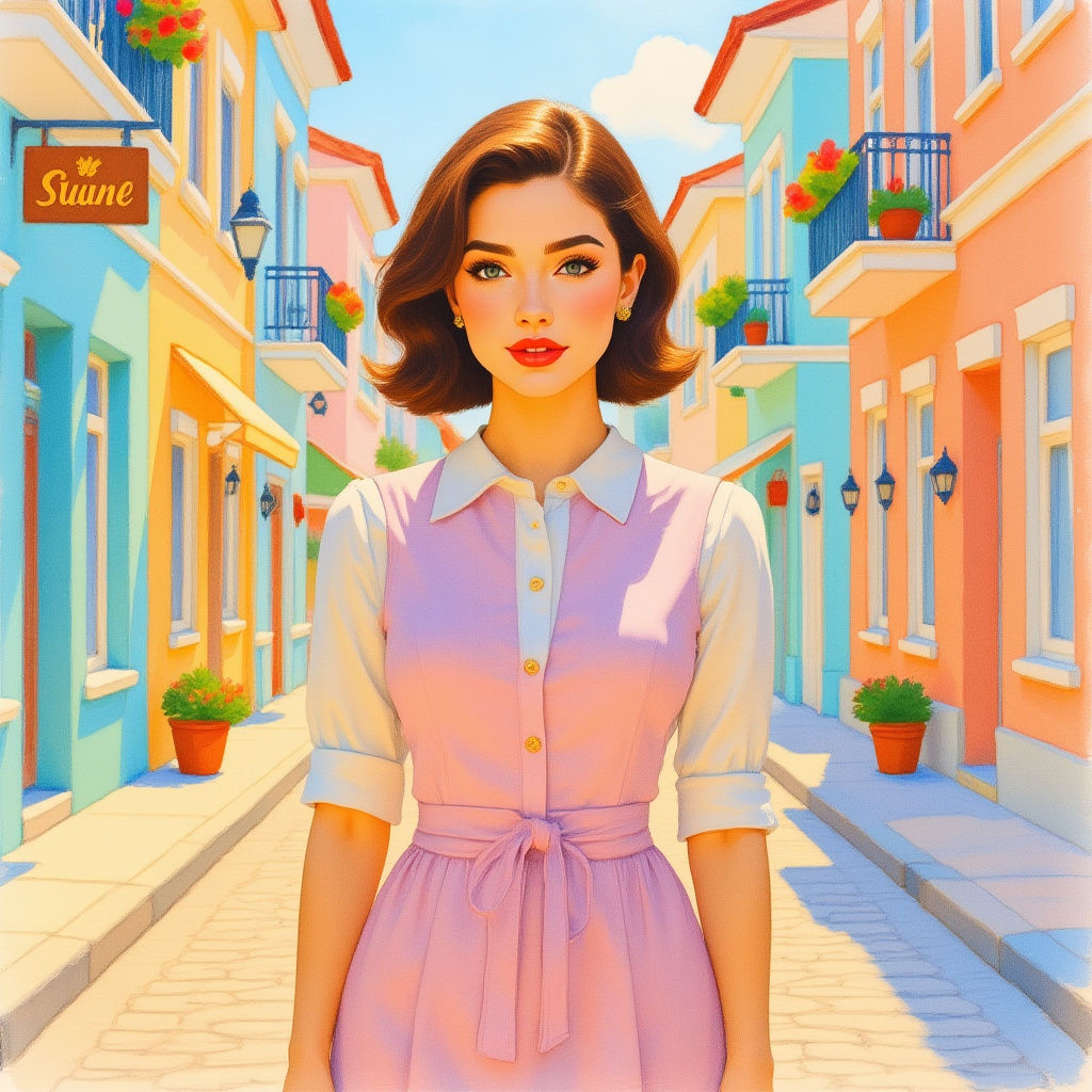 Vintage Fashion Illustration of Young Woman on City Street