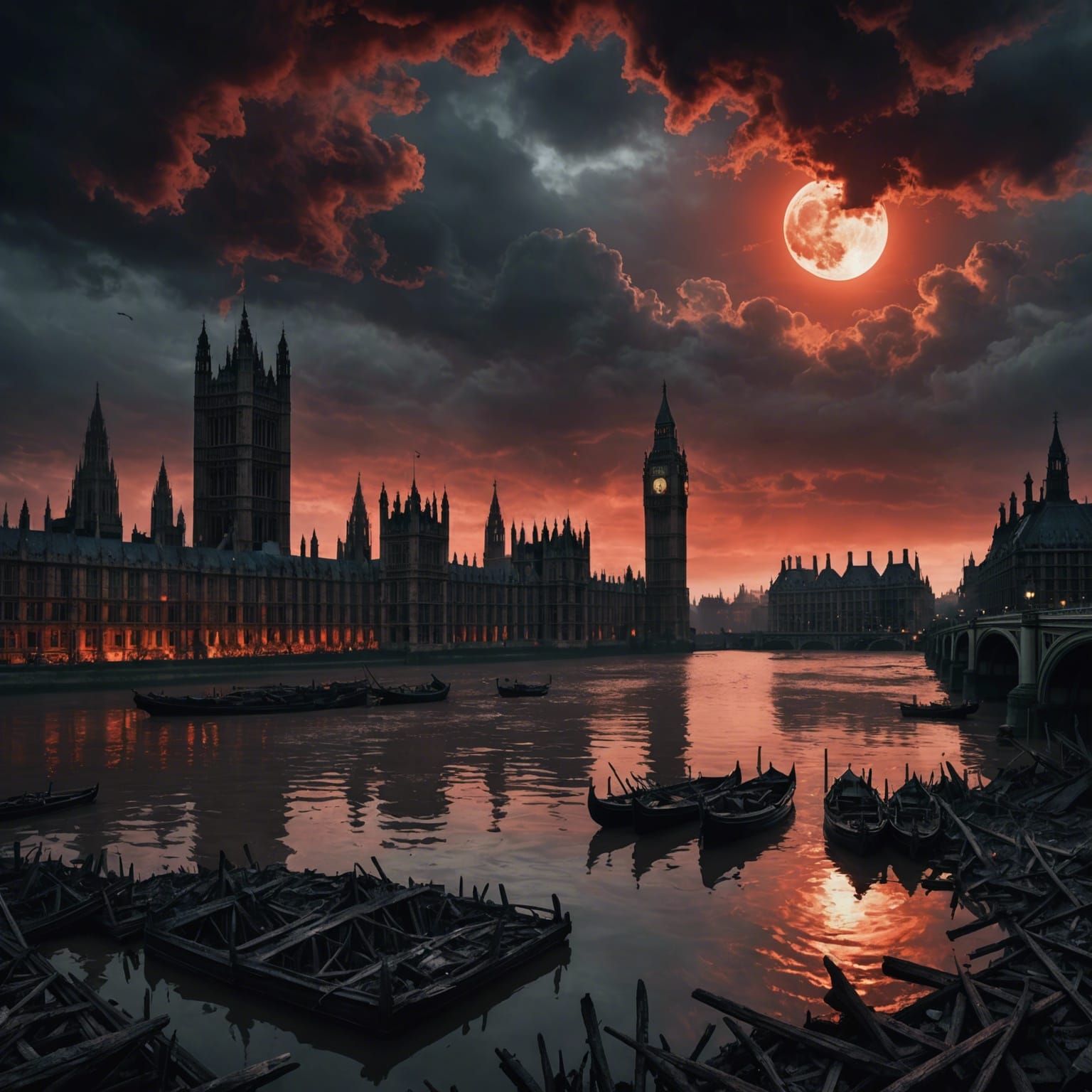Ruined Houses of Parliament in Dark Fantasy Scene