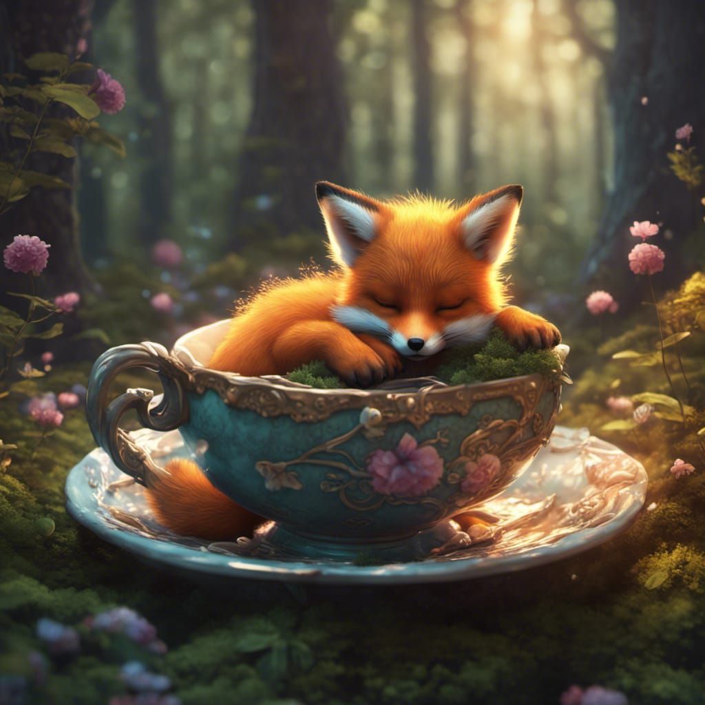 Fox Cub in Teacup: Hyperdetailed Forest Concept Art