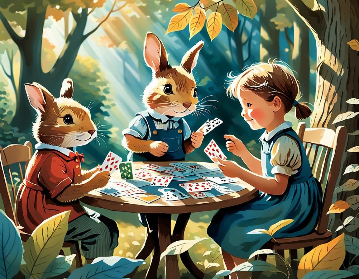 Children Playing Cards with Animals, Comic Illustration