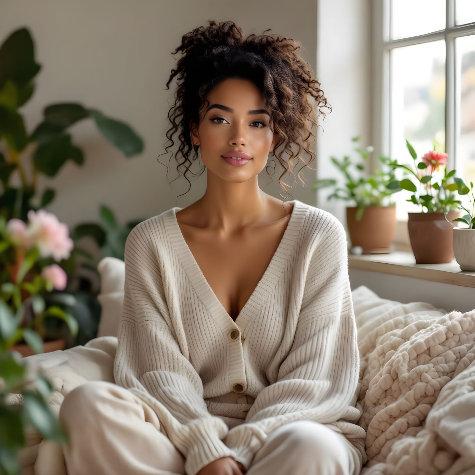 Serene Woman in Nature, Evoking Organic Textures