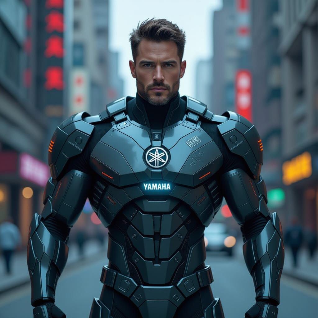 Futuristic Hero in Robotic Suit in Cyberpunk Cityscape
