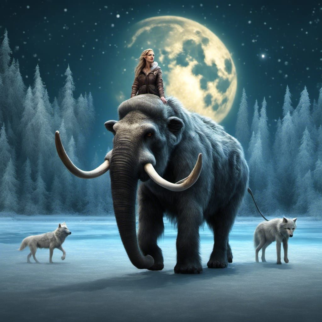 Ice Queen's Mammoth Ride: Hyperrealistic Digital Art