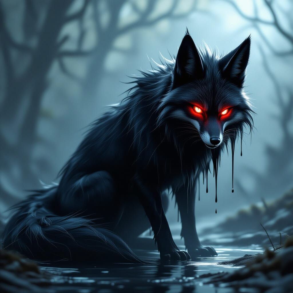 Sinister Three-Tailed Slime Fox with Glowing Eyes