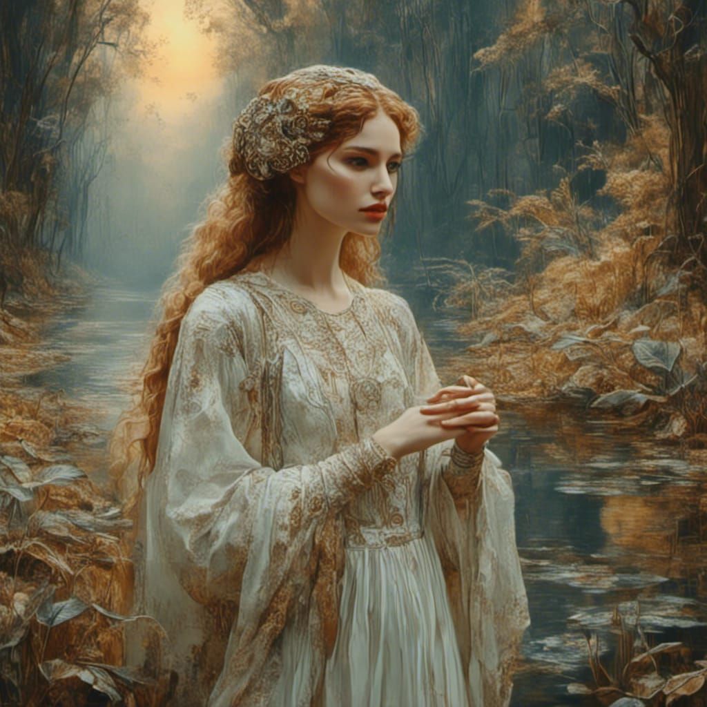 Pre-Raphaelite Portrait in Forest with Soft Lighting