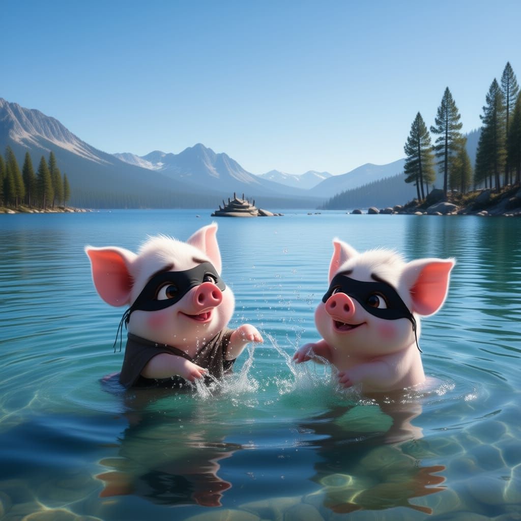 Pigs Play in Lake Tahoe Waters During Daytime