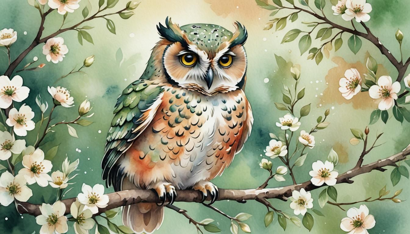 Whimsical Owl Portrait in Watercolor Style
