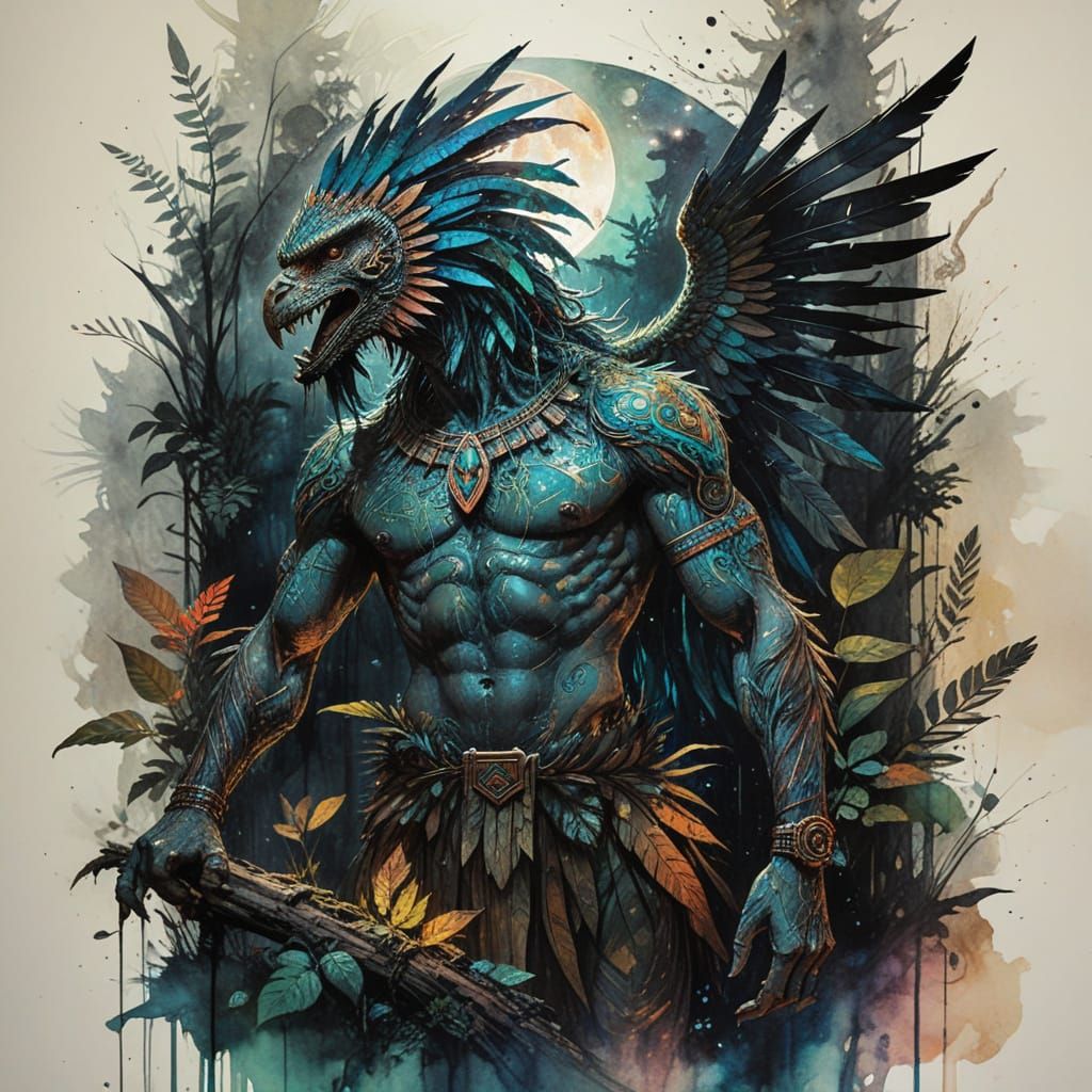 Quetzalcoatl Rises: An Inked Watercolor Painting