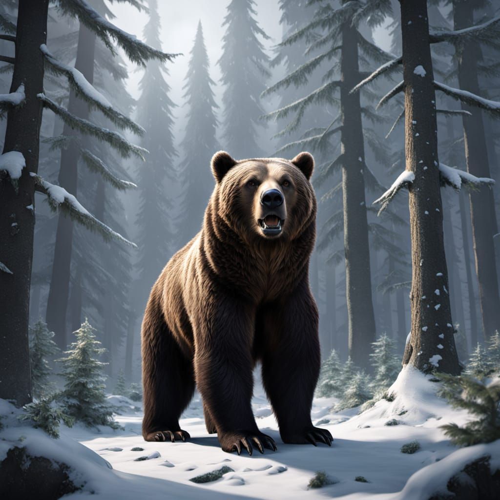 Fearsome Brown Bear in Snowy Forest - Hyperrealism