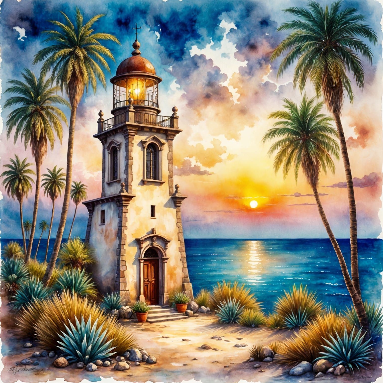 Mexican Lighthouse at Twilight: Stylized Watercolor Painting