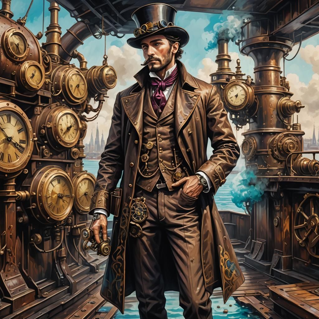 Steampunk Man on Steamship in Graffiti Art Style