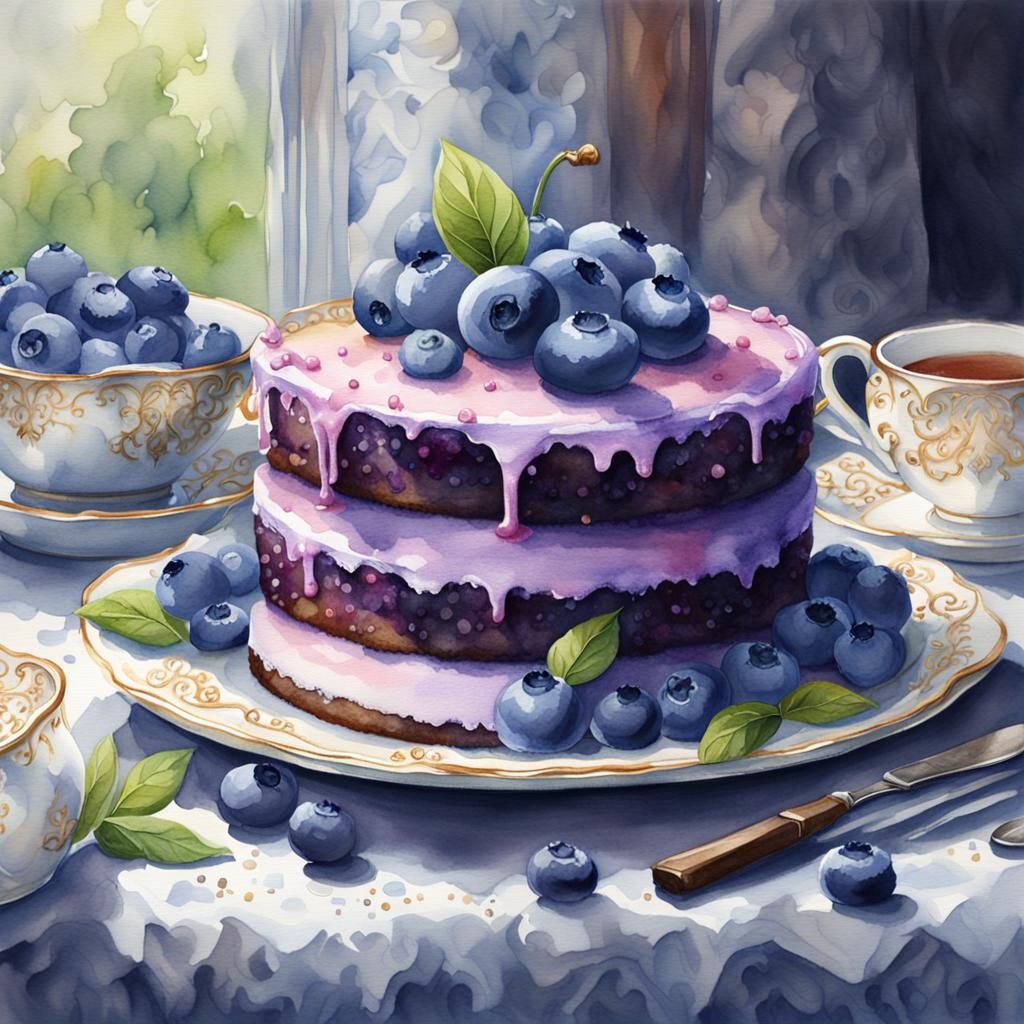 watercolor, drawing, photorealism, realistic, blueberry cake...