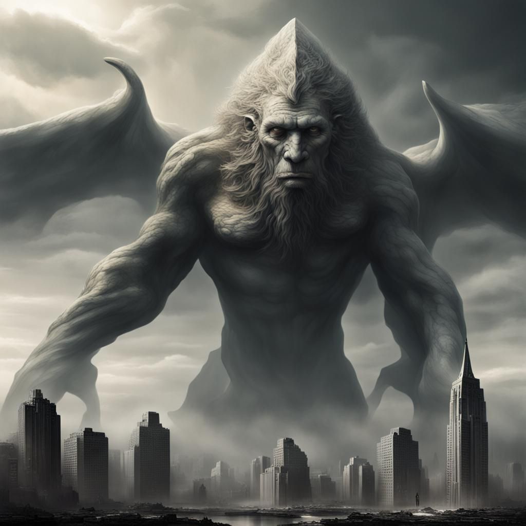 Gigantic Godlike Creature Hovering Over City: Digital Art