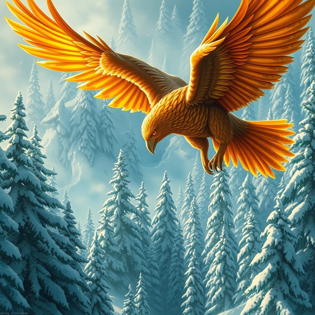 Majestic Griffin in Golden Splendor Soars Above Snowy Forest