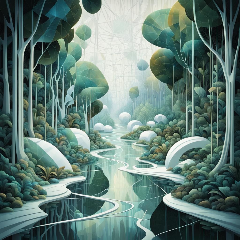 Cubist Dreamscape: White Landscape and Jungle River
