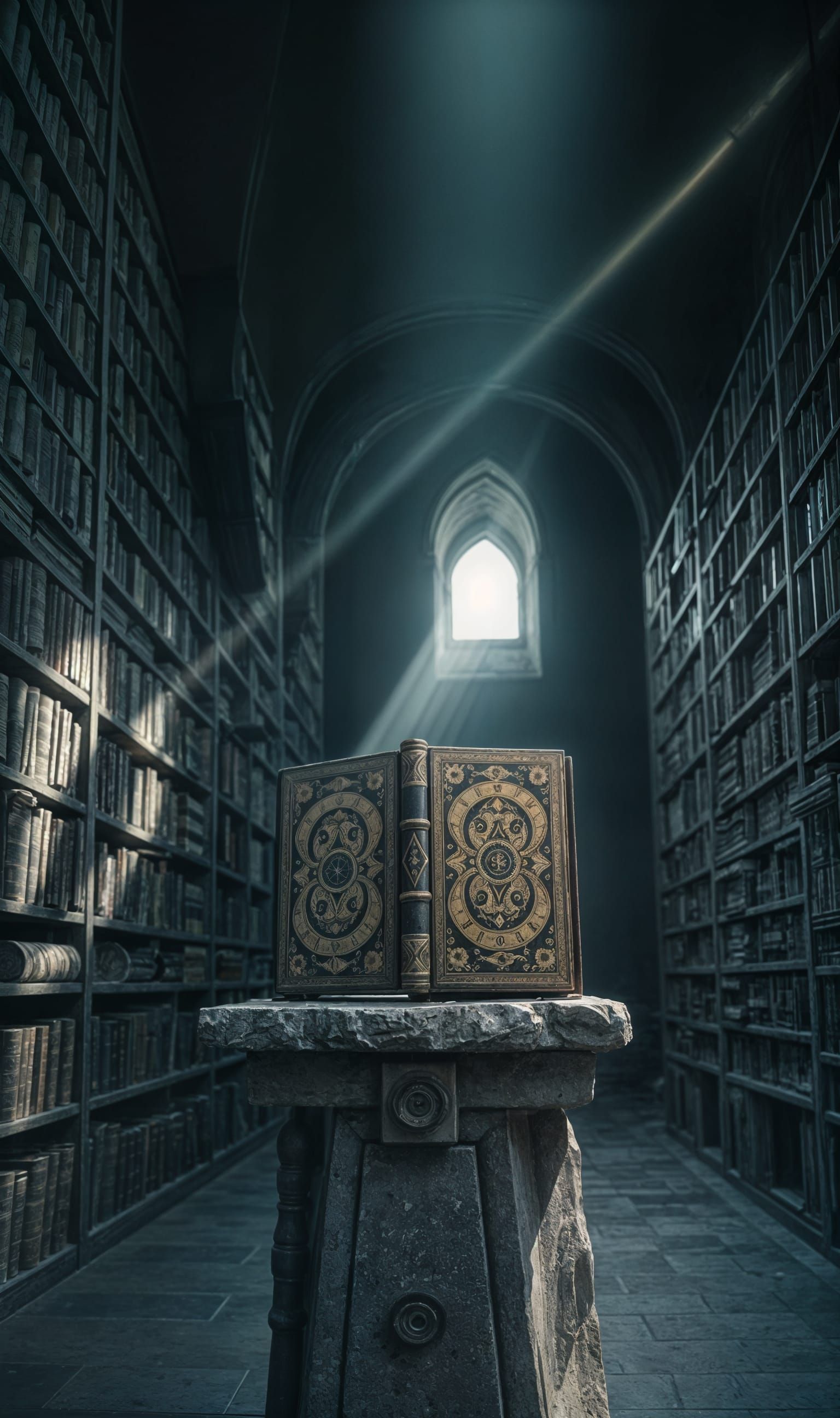 Forgotten Library: Ancient Grimoire with Arcane Symbols
