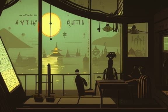 Cthulhu in Atompunk Cafe with Neon Lights