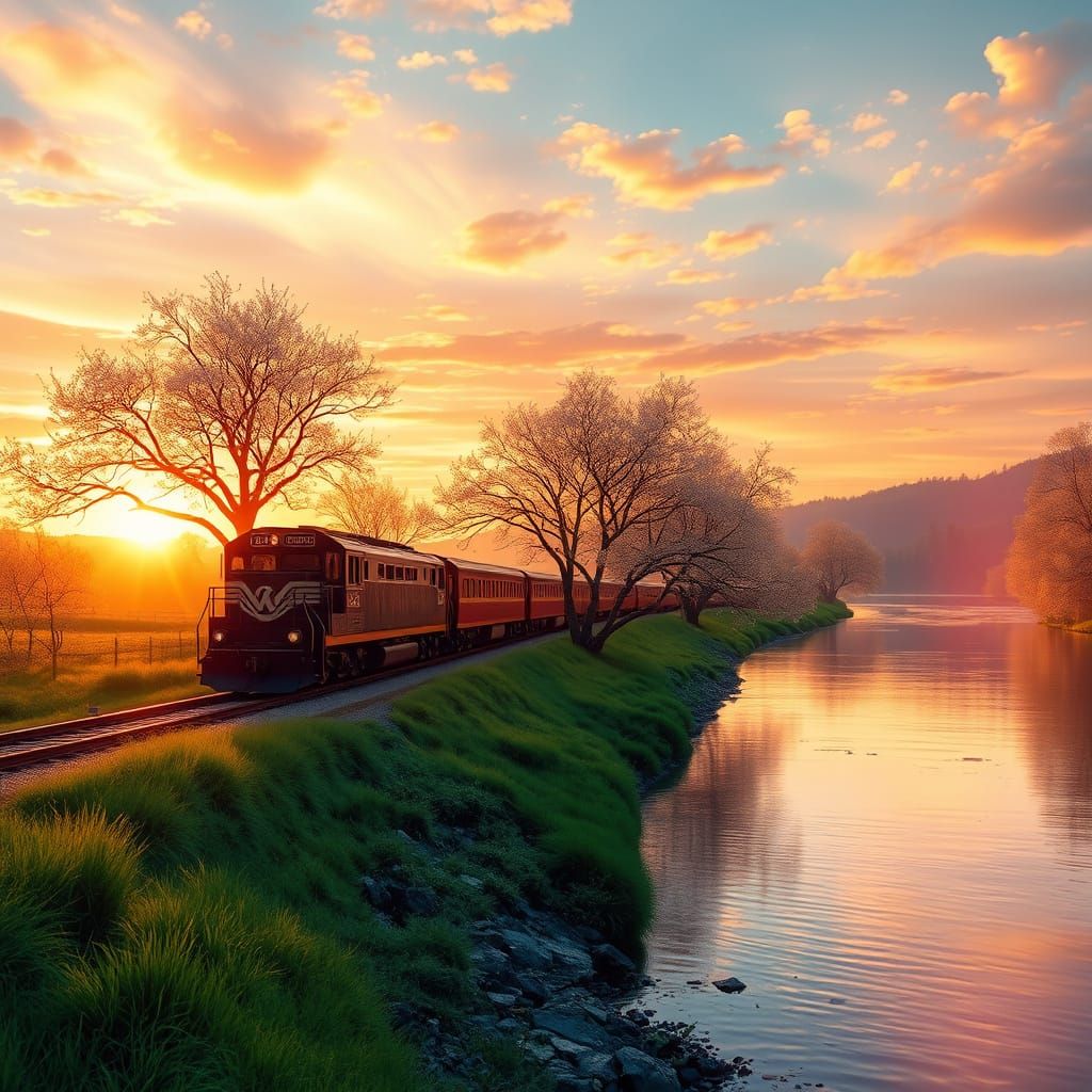 Surreal Sunset Train Convergence in a Vibrant Spring Landsca...