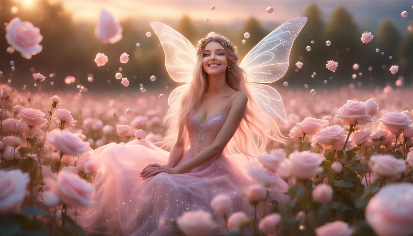 Ethereal Fairy in Rose Field, Cosmic Illustration