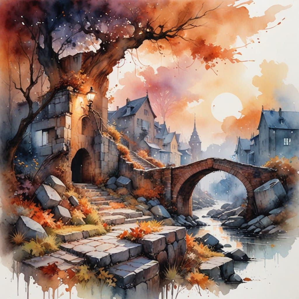 Charming Autumn Scene with Cobblestone Staircase