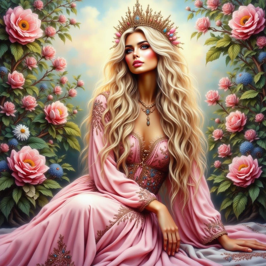 Regal Blonde Woman in Whimsical Pink Landscape