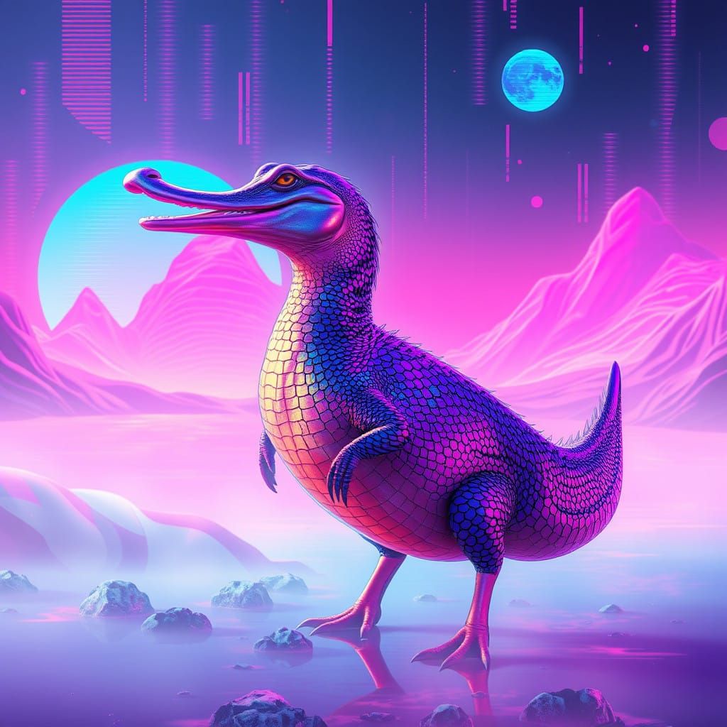 Surreal Vaporwave Holographic Crocodile Duck Hybrid