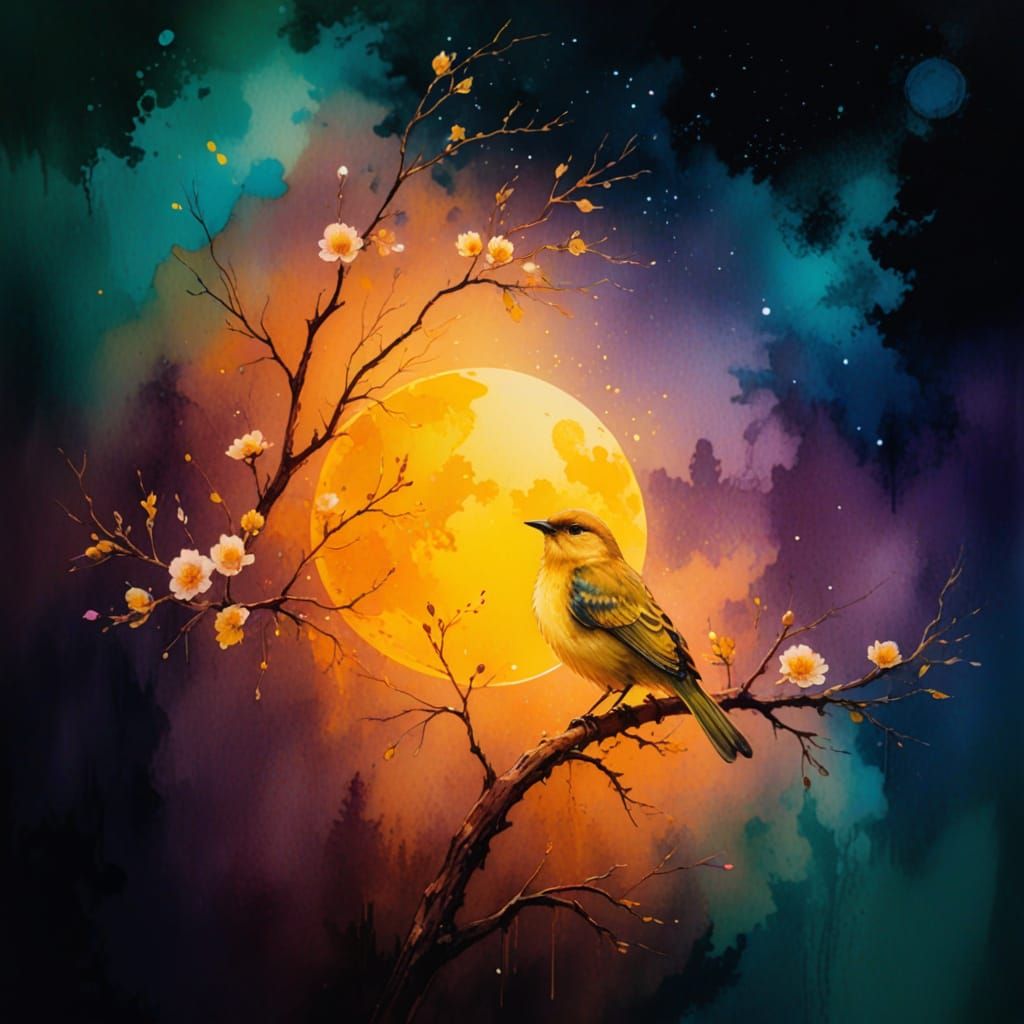 Fantasy Bird in Floral Ambiance: Dreamy Watercolor Art