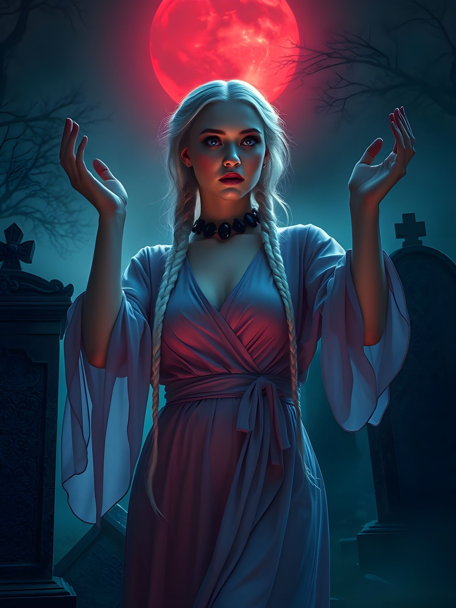 Ethereal Beauty in a Misty Graveyard, in a Cyberpunk Aesthet...