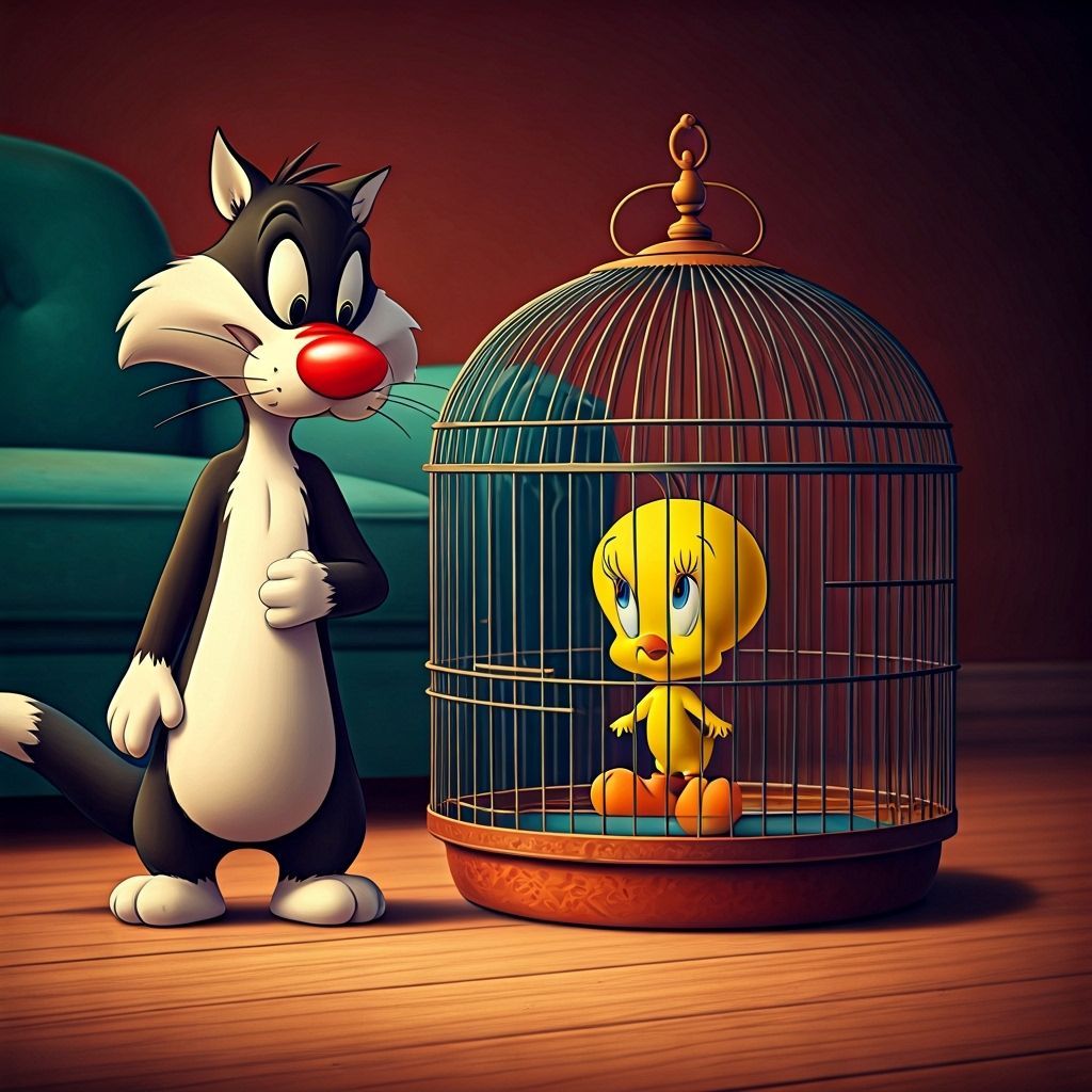 Tweety Pie, small, sitting in a bird cage teasing Sylvester ...