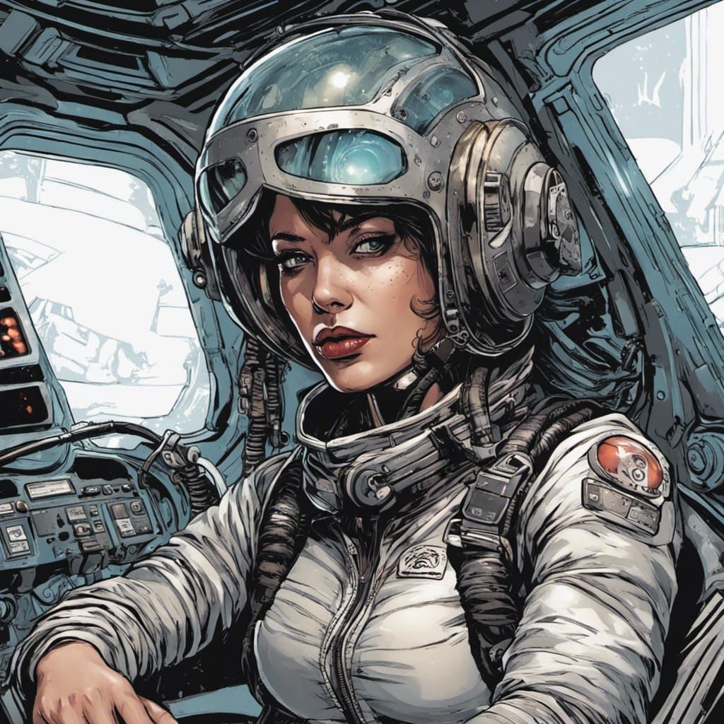 Punk Pilot in Sci-Fi Cockpit Comic Art