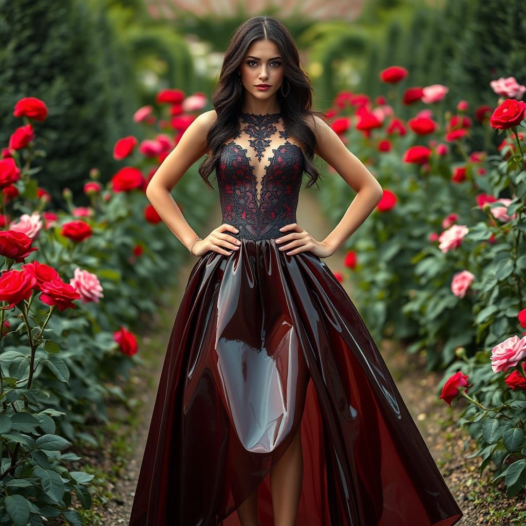 Woman in Latex Dress in Rose Garden