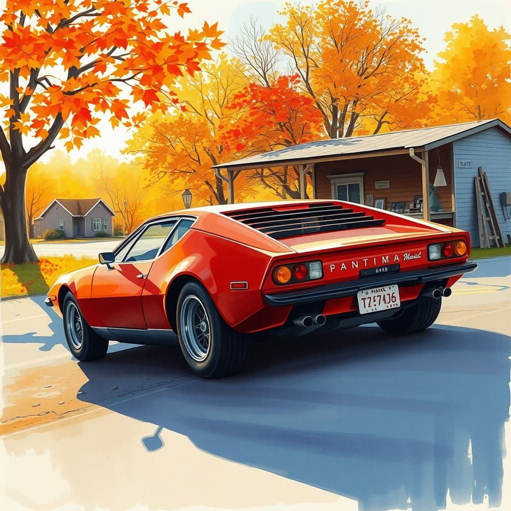 Red De Tomaso Pantera in Autumn Watercolor Painting