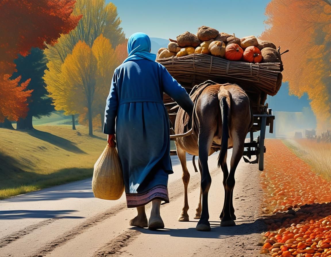 Autumn Countryside: Peasant Woman with Mule