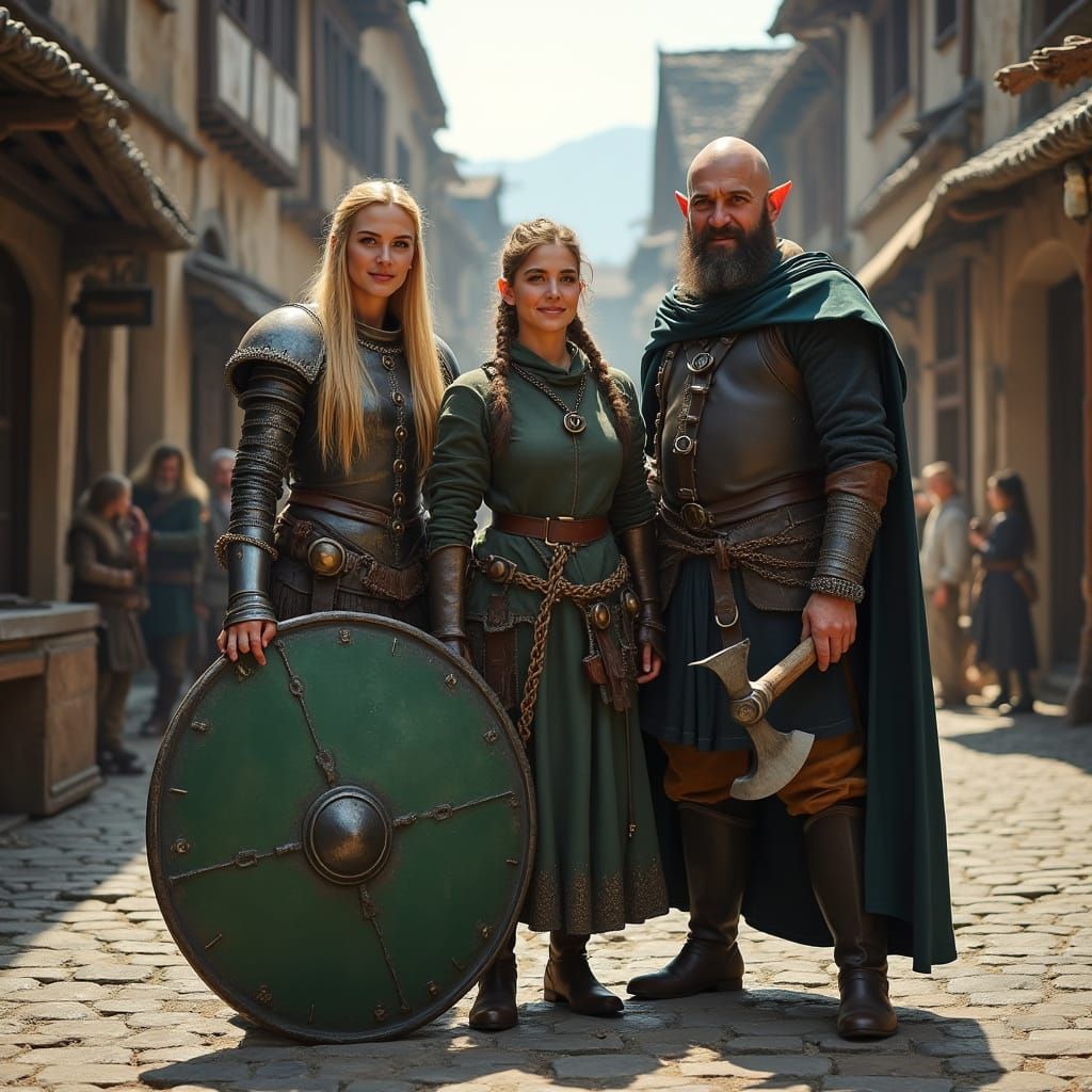 Female Fighter and Rogue in Medieval Village Market Square