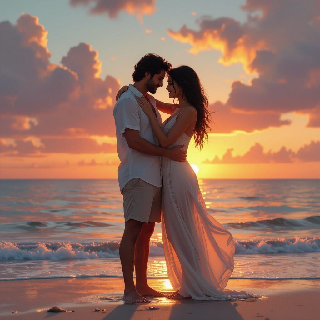 Romantic Couple on Beach at Sunset: Fantasy Concept Art