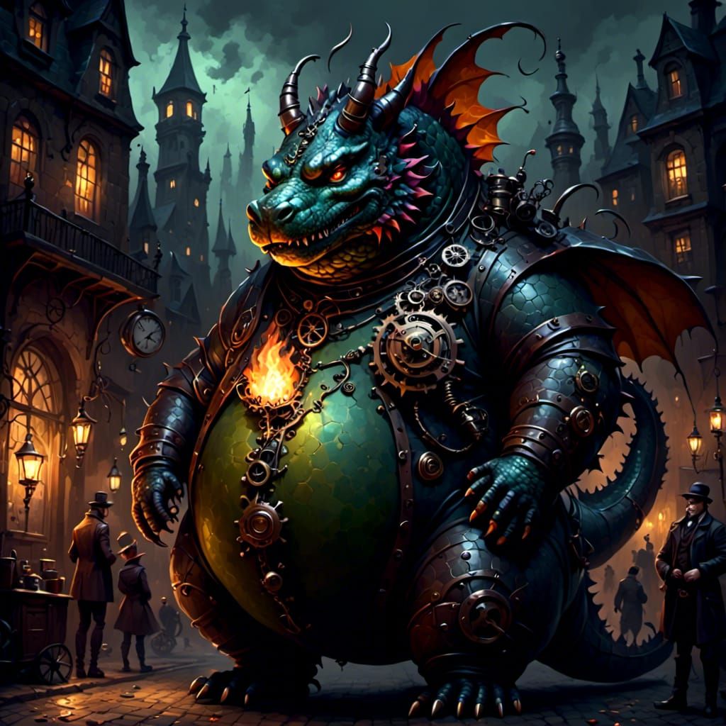 Steampunk Dragon Illustration in Oil Painting Style