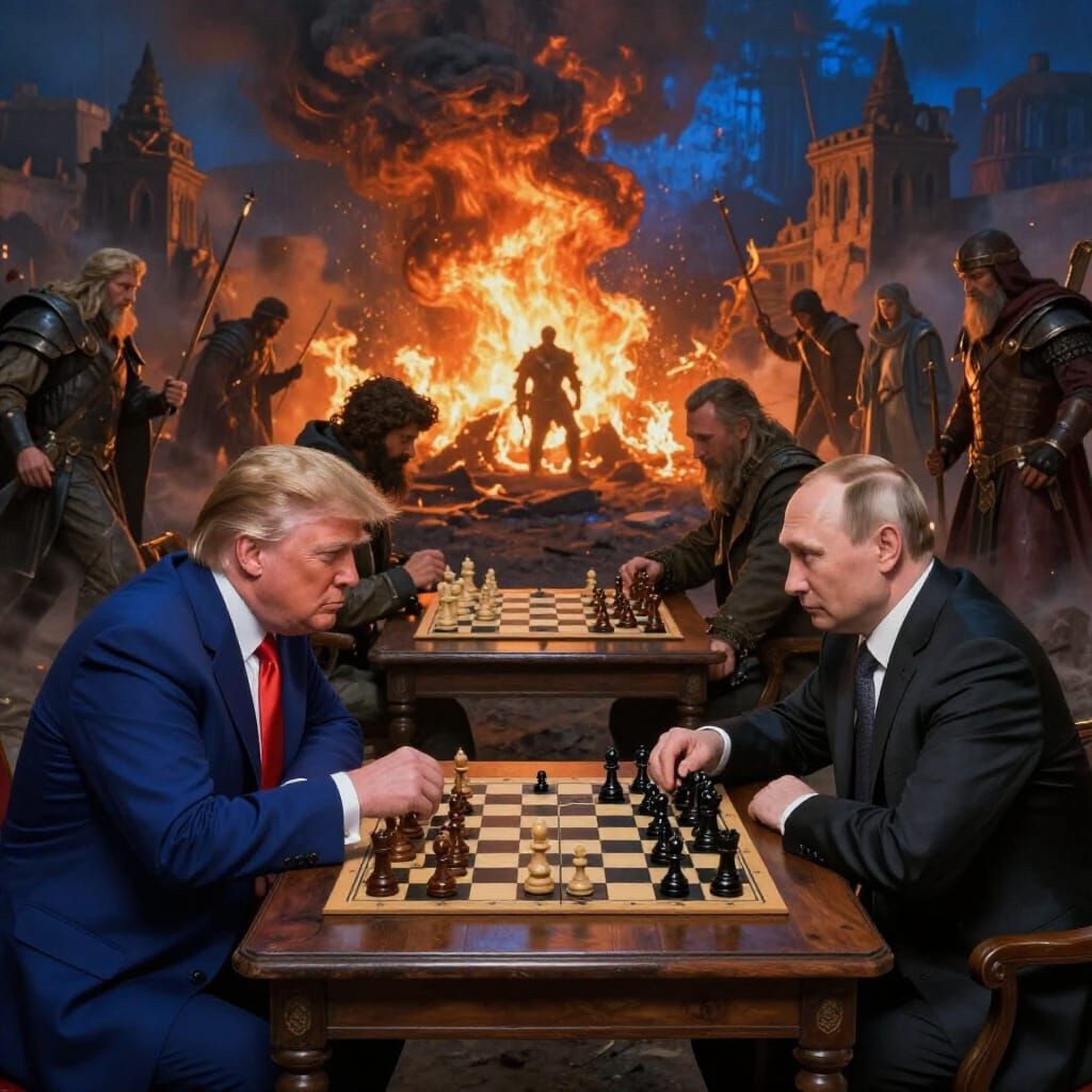Trump and Putin Play Checkers Amidst Holy War Concept Art