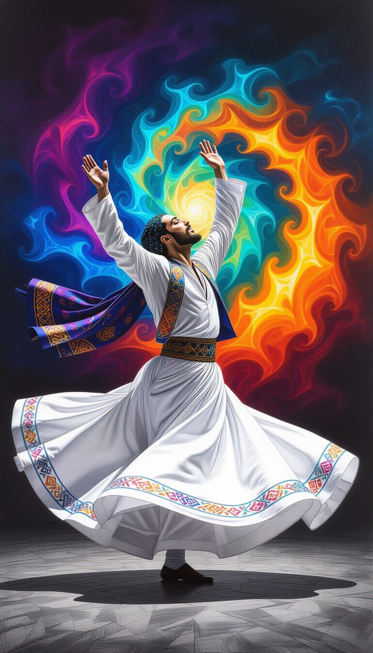 Whirling Dervish Dancing in Cosmic Nebula, Charcoal Drawing