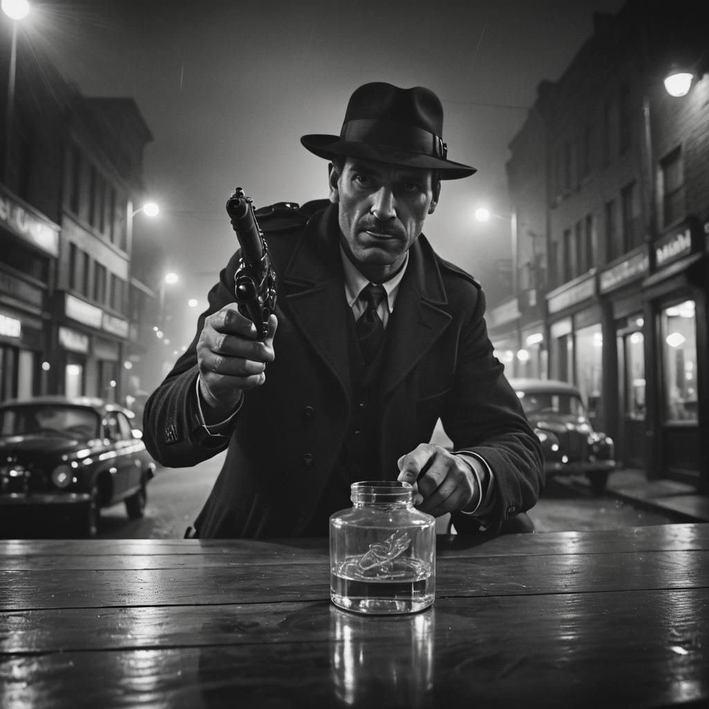 Dramatic Film Noir Portrait with Gun and Whiskey