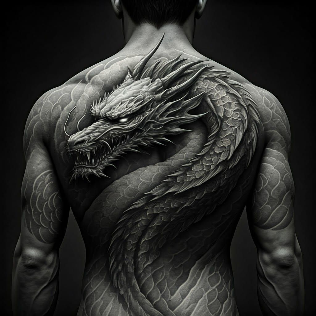 Dragon Tattoo Charcoal Drawing on Man's Back