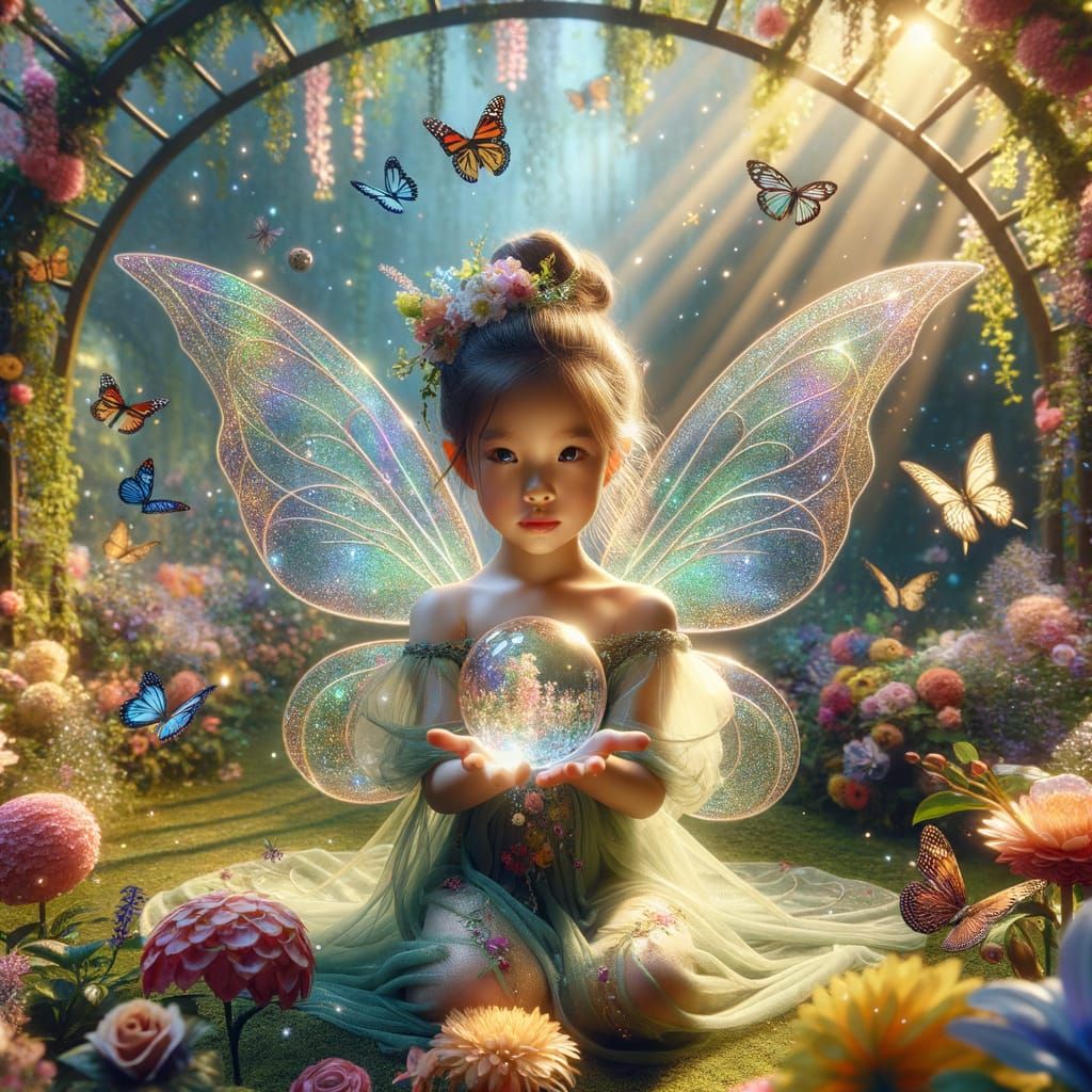 Child Fairy with Iridescent Wings in Magical Garden