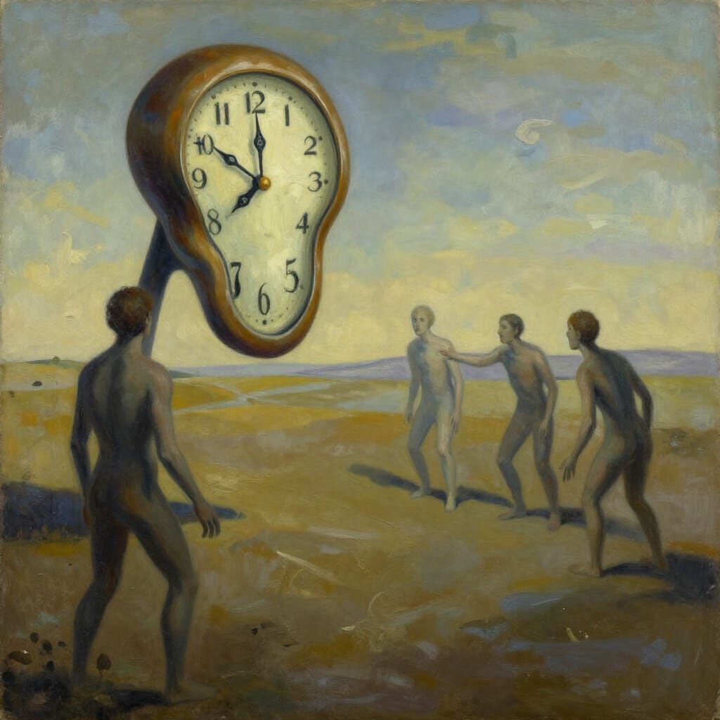 Surreal Melting Clock Landscape with Distorted Figures