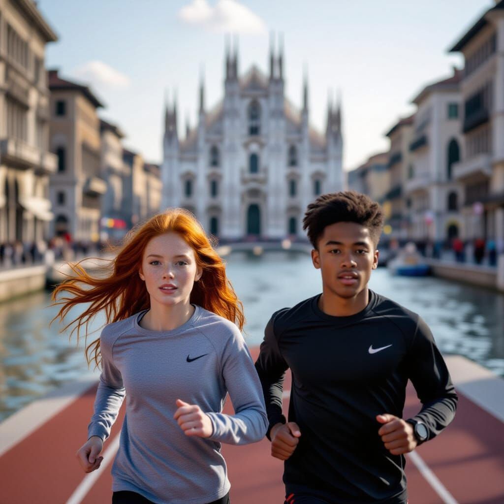 Athletes Running Near Milan Cathedral in Romantic Style