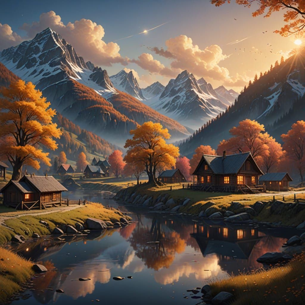 Autumn Sunset Over Serene Mountain Landscape with Cabins