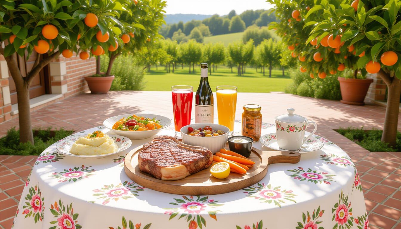 Charming T-Bone Steak Dinner on Victorian Tablecloth