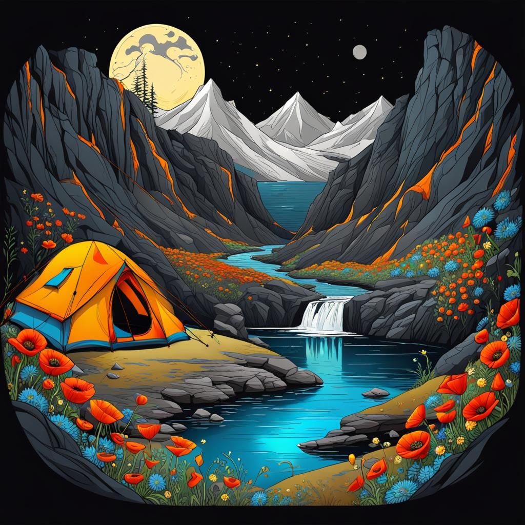 Camping Tent Landscape in Palekh Style