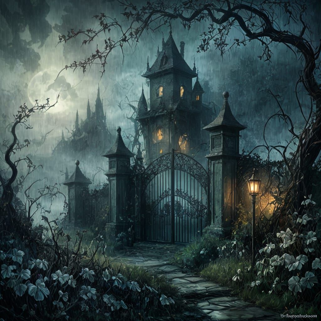 Misty Manor in Dark Fantasy Watercolor Style