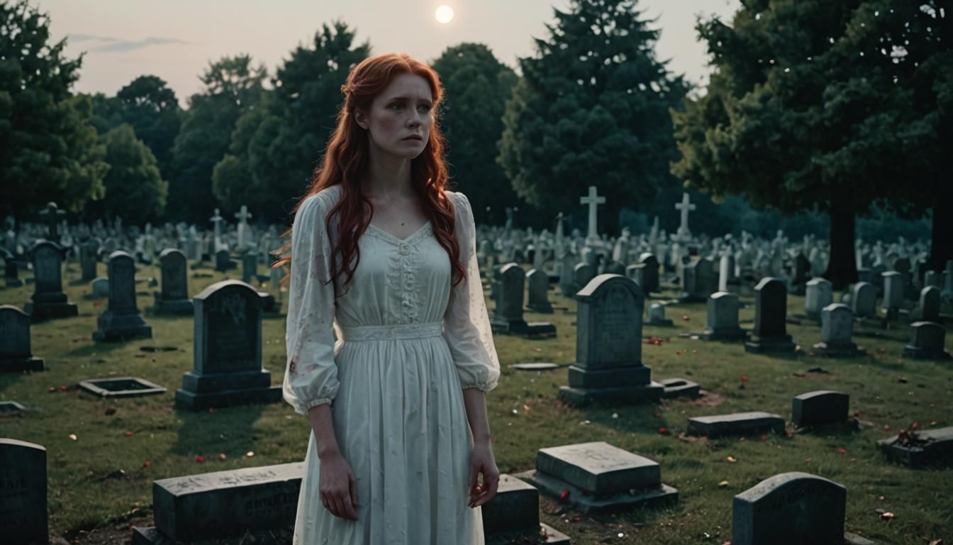 Woman in White Dress at Moonlit Cemetery