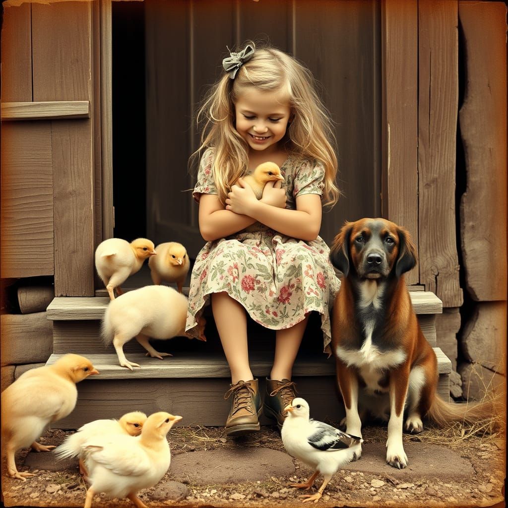 Vintage Farm Girl with Chick and Borzoi in Sepia-Toned Rusti...