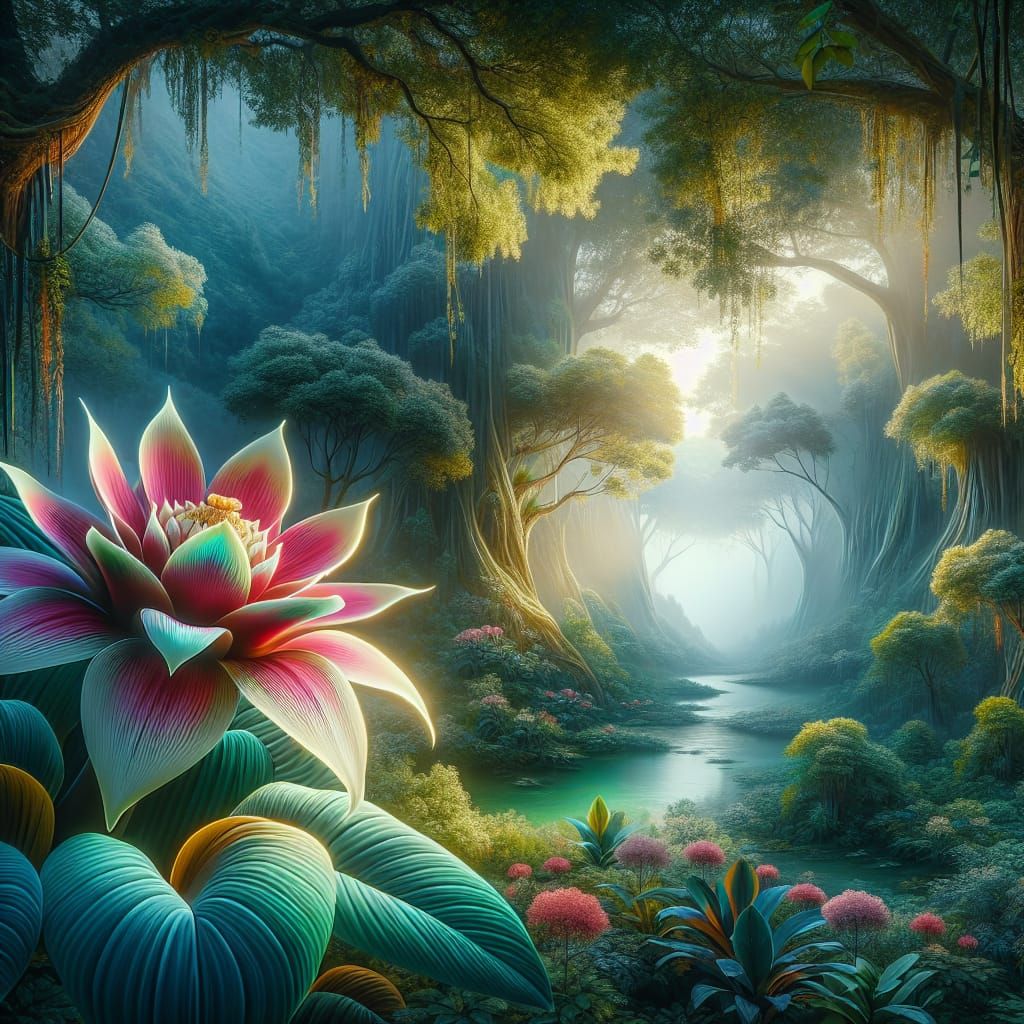 Exotic Flower in Lush Forest: Matte Painting